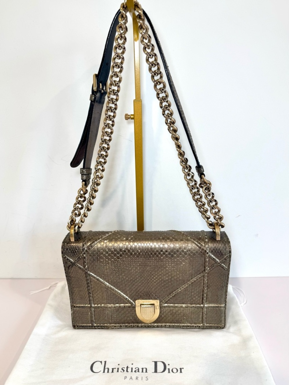 Rare Christian Dior Diorama Bronze Snakeskin Medium Flap Bag W Gold Chain Strap